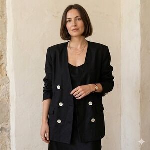 Vtg MICHELLE STUART Linen Double Breasted Blazer Women size 6 Black Made in USA